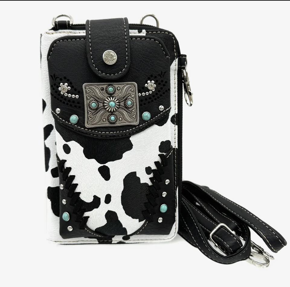 Rectangle Concho Cow Print Western Phone Wallet