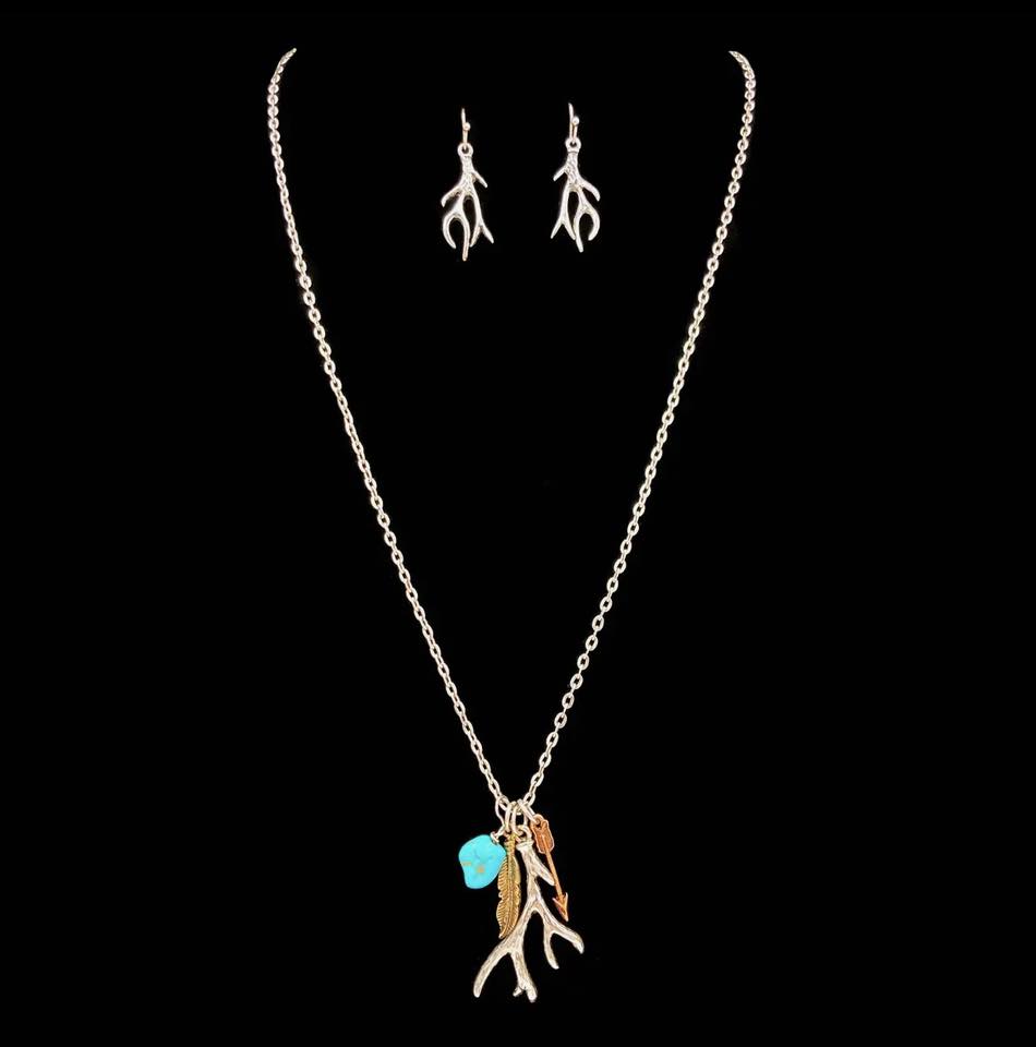 Deer Antler Feather Arrow Turquoise Chain Necklace