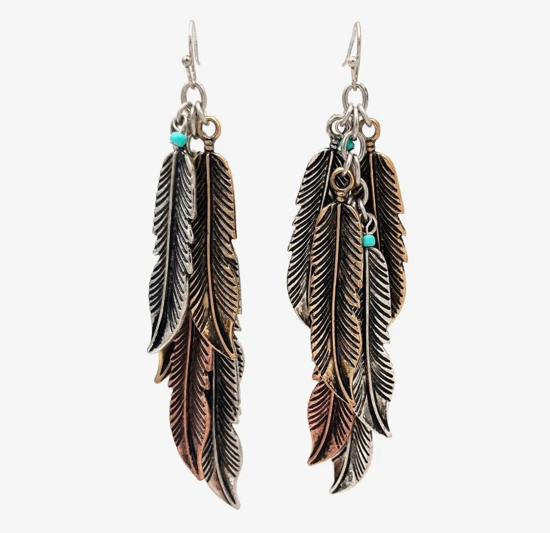 Feather Cluster Bohemian Tricolor Metal Earrings