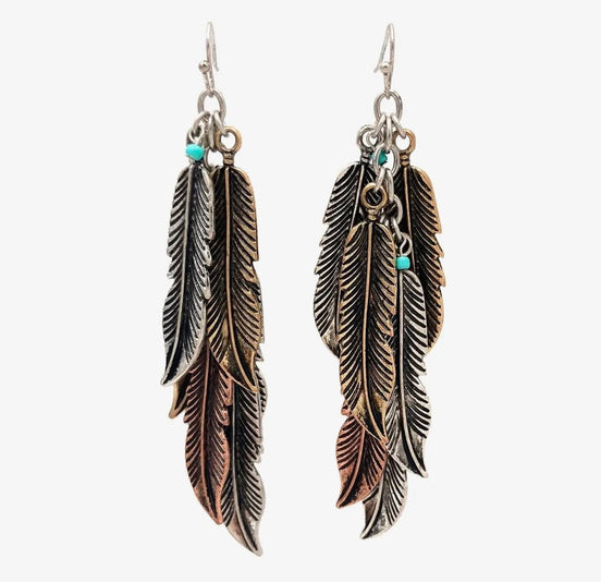 Feather Cluster Bohemian Tricolor Metal Earrings