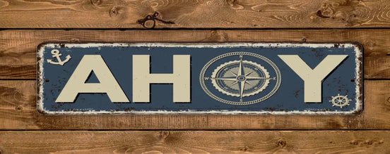 Ahoy Street Sign Fishing Reel Sea Life Vintage Style