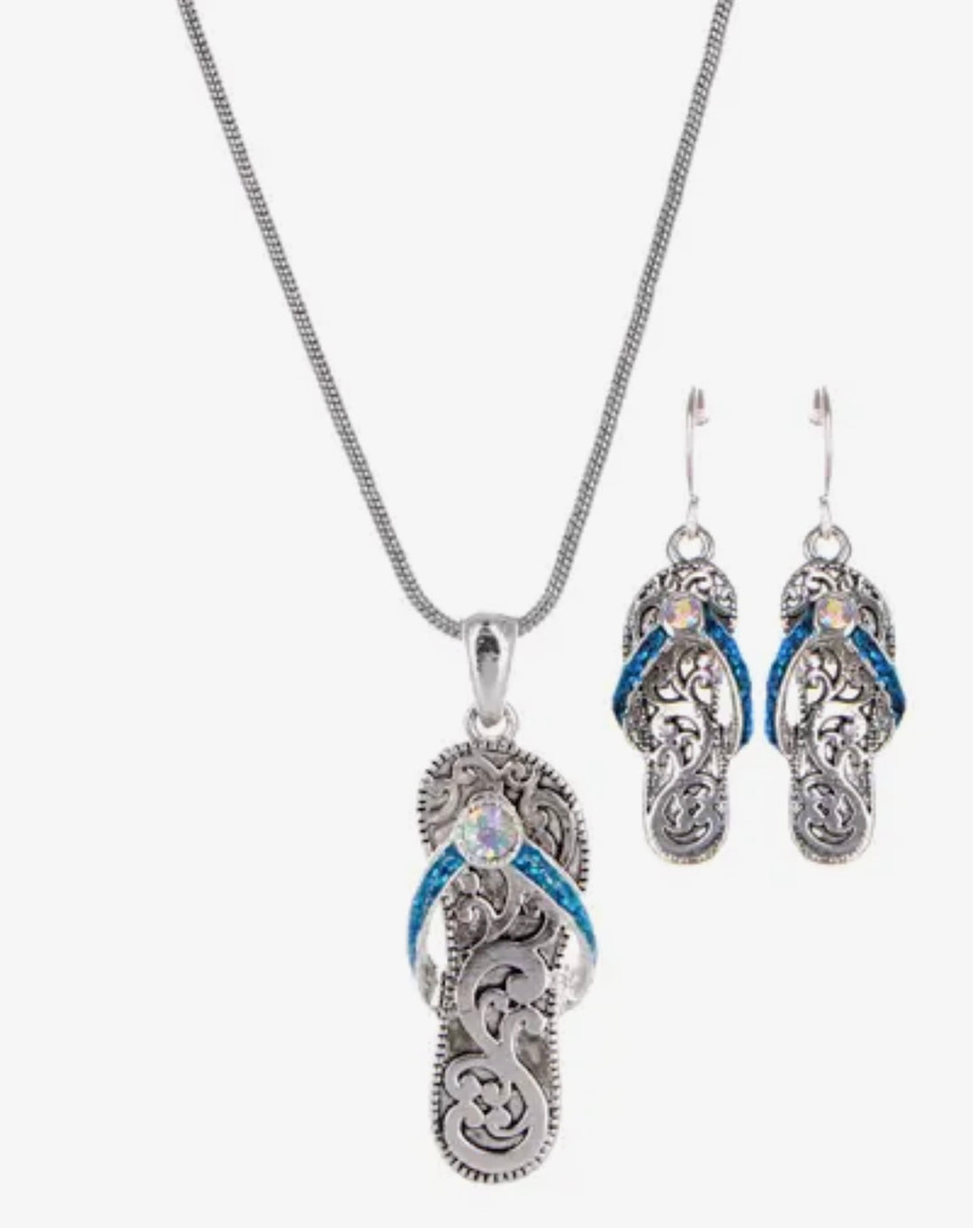 Blue Glitter Filigree Flip Flop Metal Necklace Set