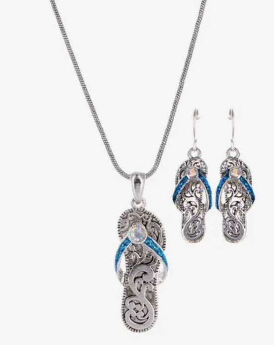 Blue Glitter Filigree Flip Flop Metal Necklace Set