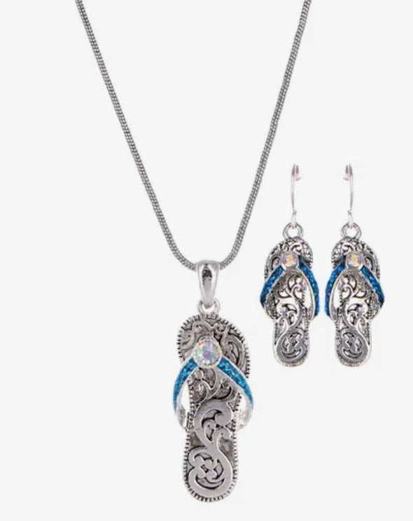 Blue Glitter Filigree Flip Flop Metal Necklace Set