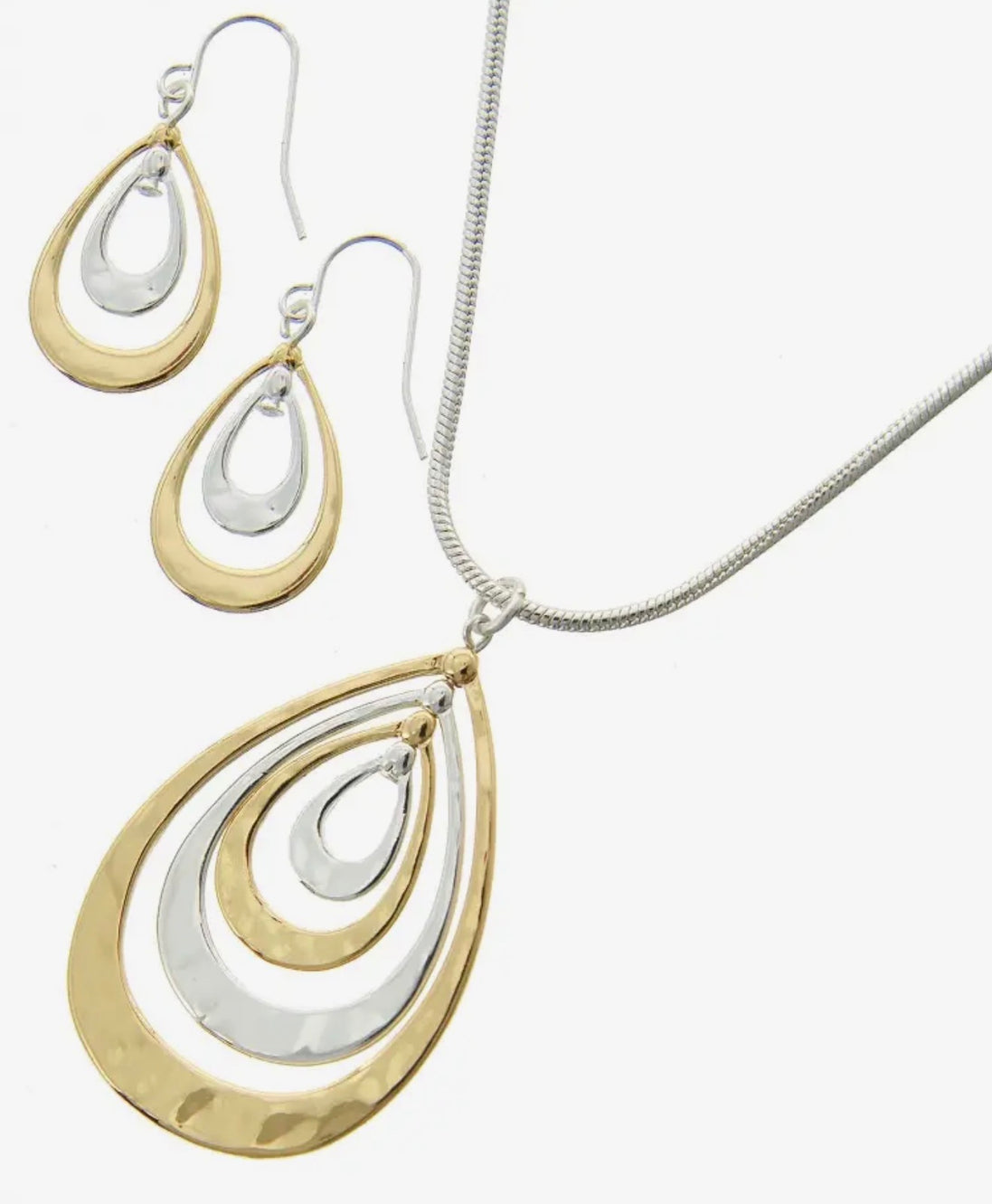 Layered Silver gold Hammered Teardrop Pendant Set