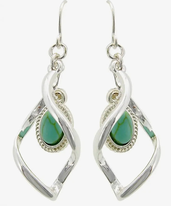 Blue Glitter Twist Frame Open Wave Metal Earrings