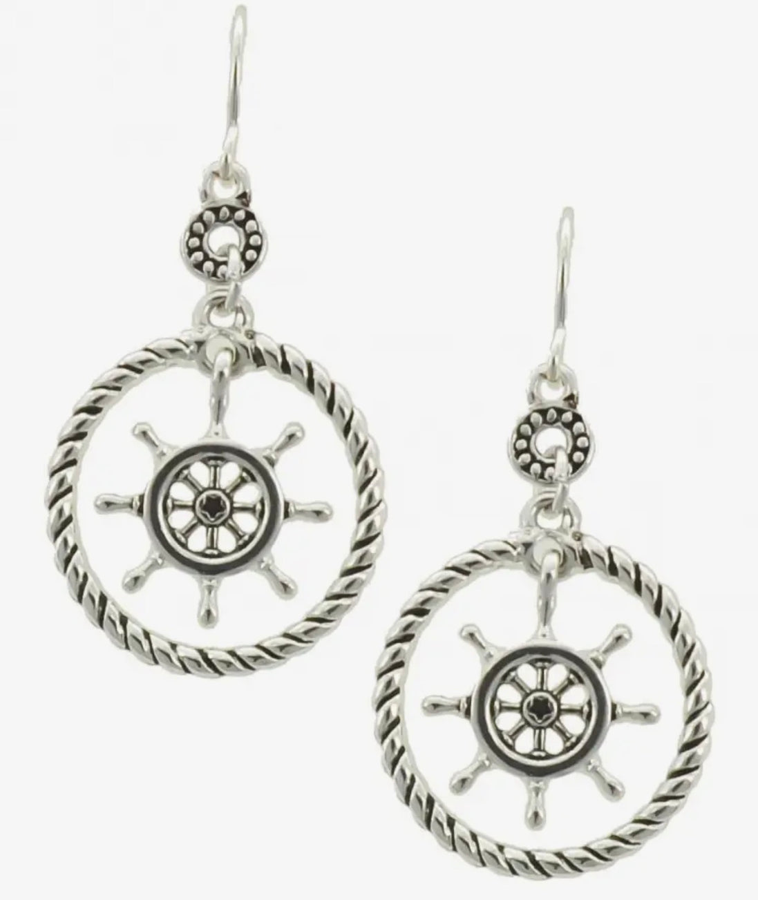 Sailboat Ships Wheel in Rope Metal Dangle Earrings