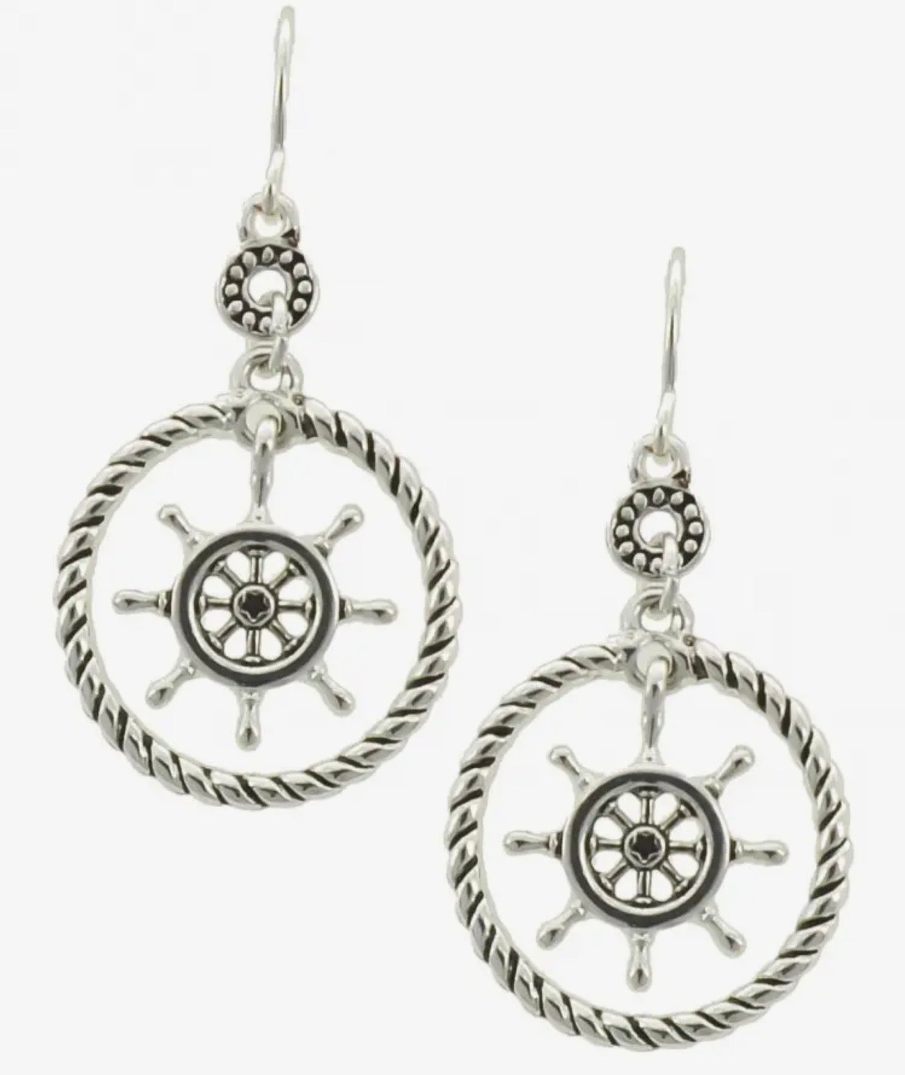 Sailboat Ships Wheel in Rope Metal Dangle Earrings