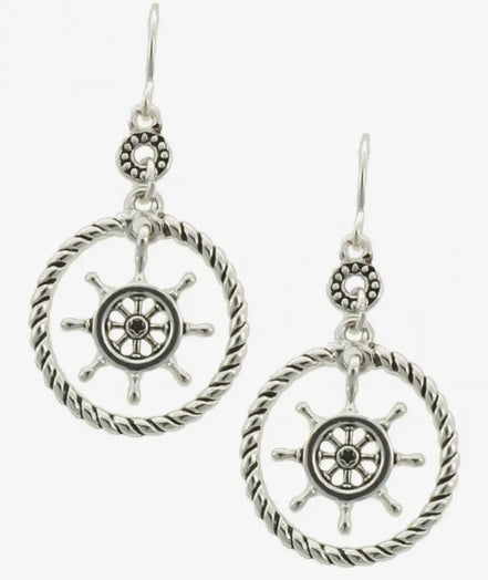 Sailboat Ships Wheel in Rope Metal Dangle Earrings