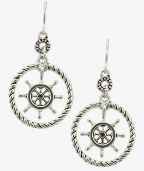 Sailboat Ships Wheel in Rope Metal Dangle Earrings
