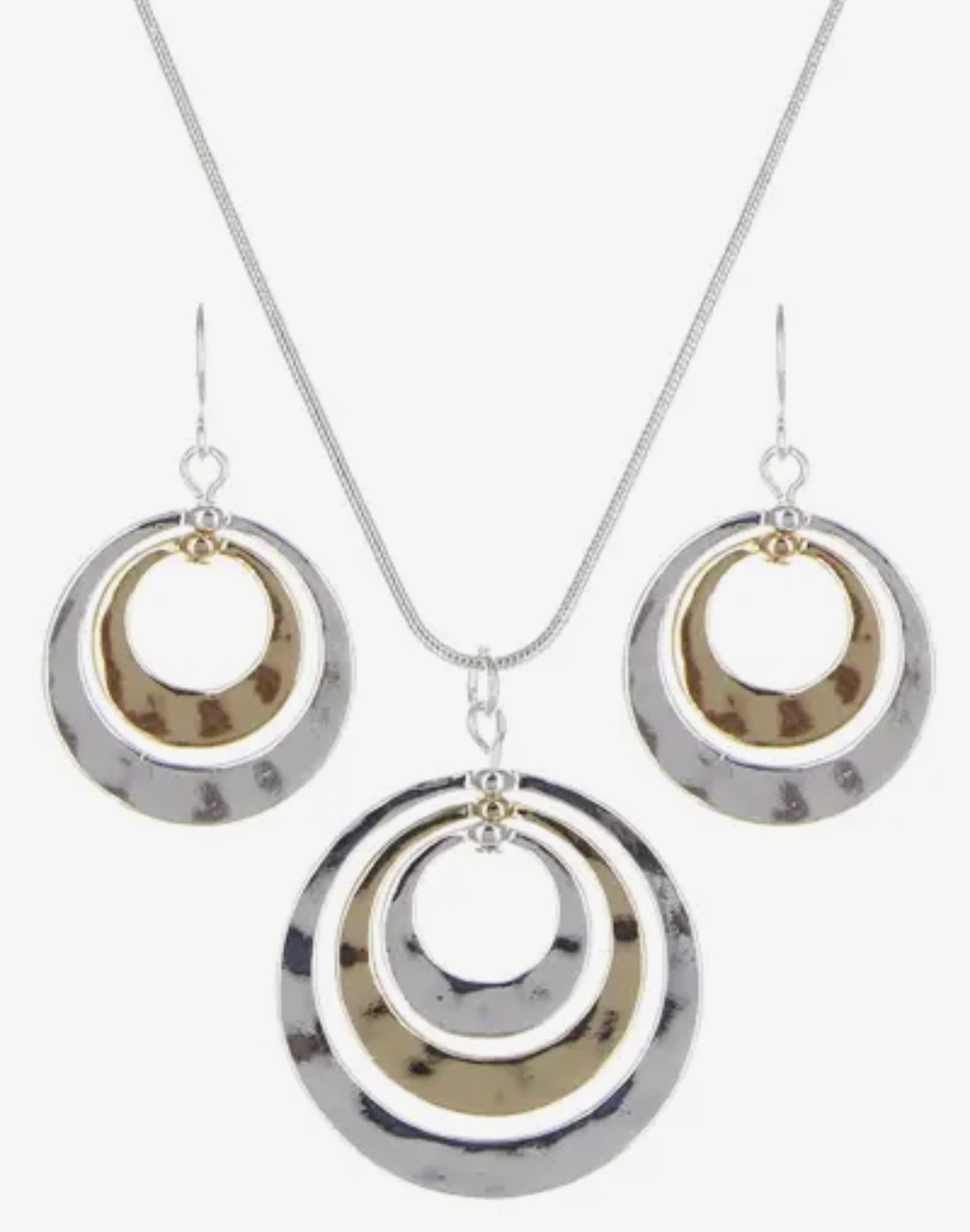 Silver & Gold 3-Layered Hammered Circle Pendant Set