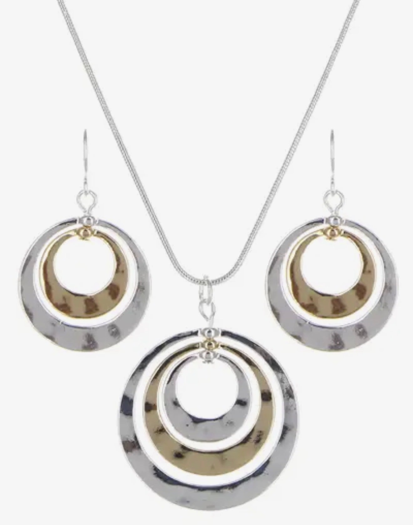 Silver & Gold 3-Layered Hammered Circle Pendant Set